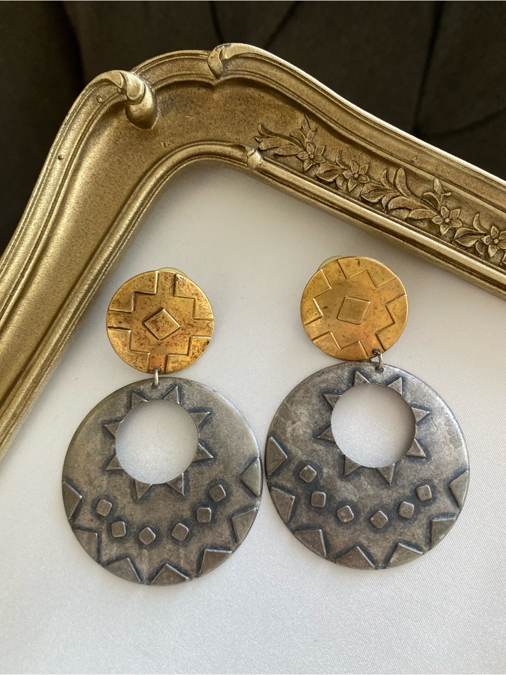 Boho Geometric Statement Earrings Mixed Metal Gold Silver Aztec Dangle Retro
